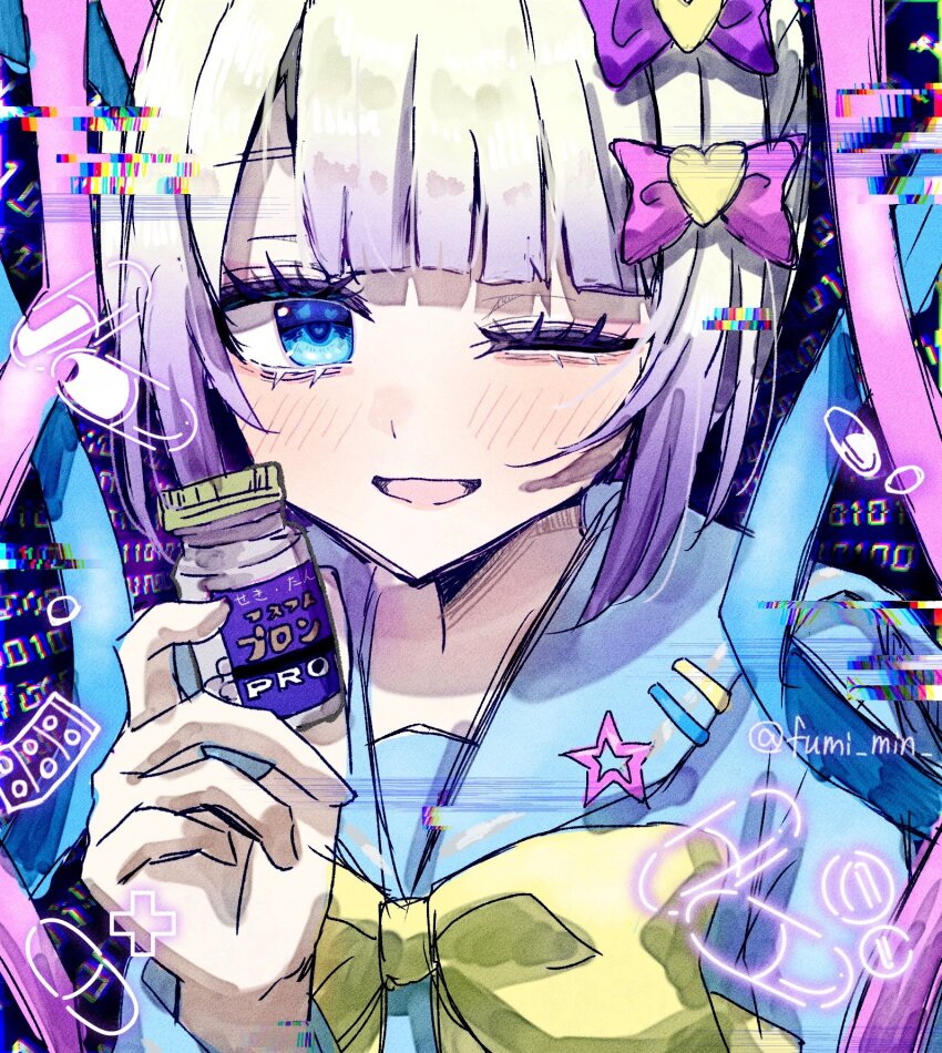 1girl blonde_hair blue_bow blue_eyes blue_hair blue_shirt blunt_bangs blush bow chouzetsusaikawa_tenshi-chan drugs fumi_min glitch gradient_hair hair_bow hair_ornament hand_up heart heart_hair_ornament highres holding long_hair long_sleeves looking_at_viewer multicolored_hair multiple_hair_bows needy_girl_overdose one_eye_closed open_mouth pill pink_bow pink_hair purple_bow purple_hair quad_tails sailor_collar school_uniform serafuku shirt smile solo twintails twitter_username upper_body white_hair yellow_bow