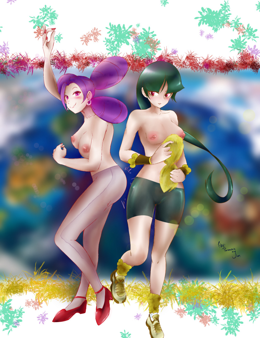 2girls absurdres arm_up blurry blurry_background blush breasts cosplay earrings fantina_(pokemon) flatpancakesjim gen_7_pokemon high_heels highres jewelry long_hair medium_breasts multiple_girls nintendo nipples oricorio oricorio_(baile) oricorio_(cosplay) oricorio_(pom-pom) pants pokemon pokemon_dppt pokemon_lgpe red_eyes sabrina_(pokemon) see-through_clothes see-through_legwear simple_background thighhighs tight_clothes tight_pants topless_female