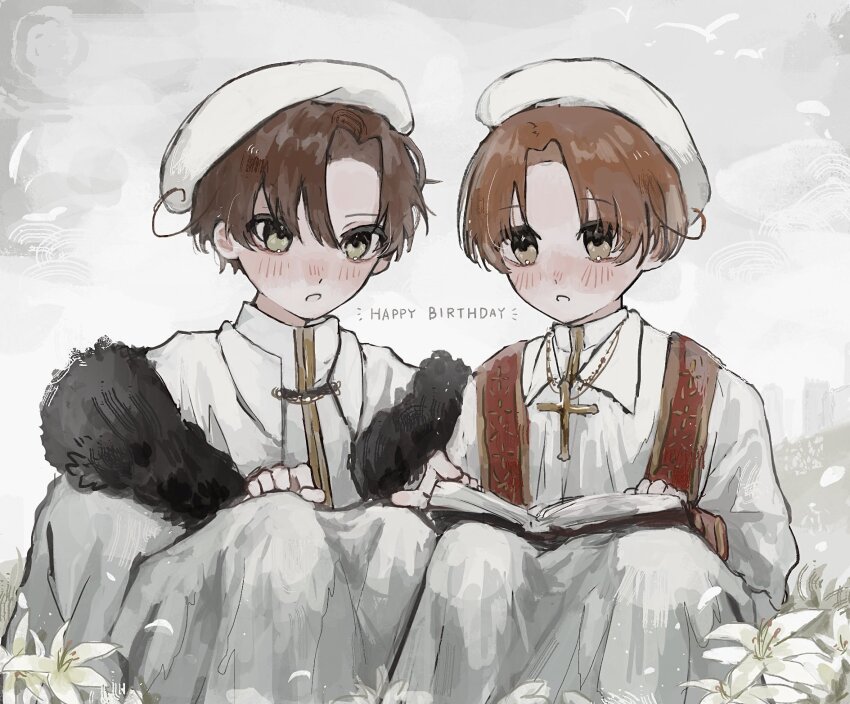 2boys aged_down ahoge axis_powers_hetalia beret book brothers brown_eyes brown_hair child cross cross_necklace day english_text flower fur_trim green_eyes grey_sky happy_birthday hat highres jewelry knees_up latin_cross male_focus mo1rn multiple_boys necklace northern_italy_(hetalia) open_book outdoors robe short_hair siblings sitting sky southern_italy_(hetalia)