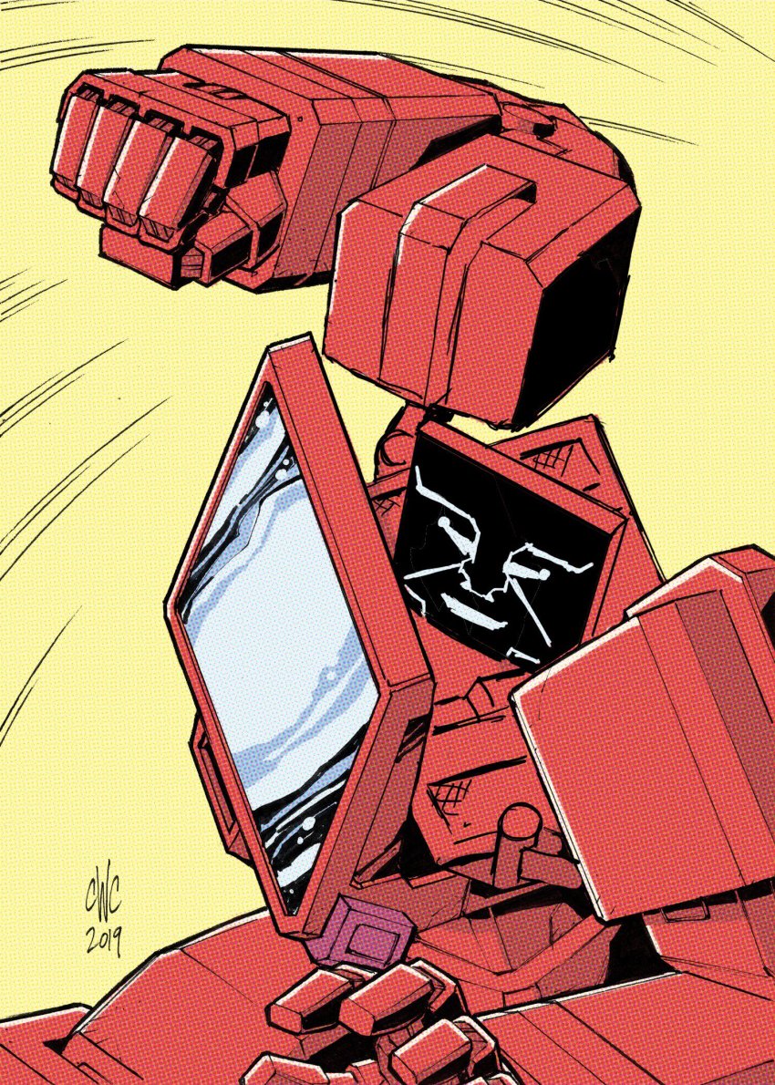 1980s_(style) 1boy autobot casey_w._coller clenched_hand commentary dated english_commentary highres ironhide mecha no_humans oldschool open_hand parody punching retro_artstyle robot science_fiction signature solo transformers yellow_background