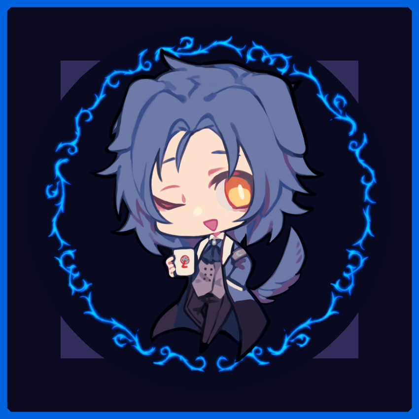 1boy animal_ears ascot black_pants blue_ascot blue_coat blue_hair bright_pupils chesed_(project_moon) chibi chinese_commentary coat collared_shirt commentary_request cup dog_boy dog_ears dog_tail er_hea grey_vest hand_in_pocket holding holding_cup kemonomimi_mode lobotomy_corporation long_sleeves male_focus mug one_eye_closed open_clothes open_coat open_mouth pants parted_bangs project_moon shirt short_hair smile solo tail vest white_pupils white_shirt yellow_eyes