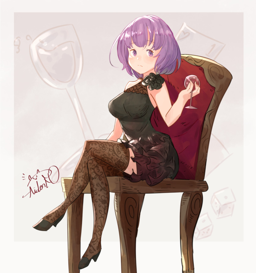 1girl alcohol alternate_costume arm_at_side artist_name bare_shoulders black_dress black_shoes black_thighhighs bob_cut border breasts closed_mouth crossed_legs cup cupping_glass dress drink drinking_glass female_focus floral_print floral_print_thighhighs frilled_dress frills full_body grey_background grey_border hai_to_gensou_no_grimgar high_heels highres holding holding_drink holding_drinking_glass looking_at_viewer matching_hair/eyes medium_breasts on_chair outside_border print_thighhighs purple_eyes purple_hair shihoru_(grimgar) shoes short_dress short_hair sidelocks signature sitting sleeveless sleeveless_dress solo spindle_(aidenr0) split_mouth thighhighs wine wine_glass