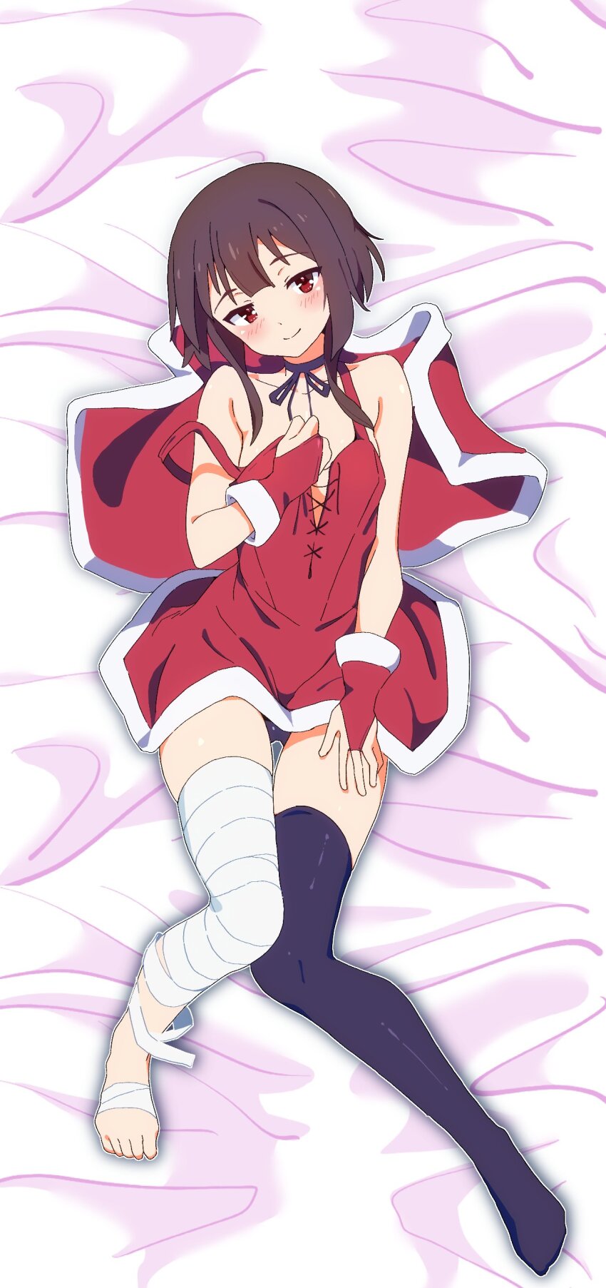 1girl absurdres adapted_costume asymmetrical_legwear bandaged_leg bandages bare_shoulders bed_sheet black_choker black_panties black_ribbon black_thighhighs blunt_bangs blush breasts brown_hair capelet choker closed_mouth collarbone commentary dakimakura_(medium) dress full_body fur-trimmed_capelet fur-trimmed_dress fur-trimmed_gloves fur_trim gloves hand_on_own_thigh hand_up head_tilt highres knees_together_feet_apart kono_subarashii_sekai_ni_shukufuku_wo! lying megumin mismatched_legwear neck_ribbon no_bra no_headwear no_shoes noyama_takenoko on_back panties panty_peek partially_fingerless_gloves red_eyes ribbon santa_capelet santa_costume santa_dress santa_gloves seductive_smile short_hair_with_long_locks sleeveless sleeveless_dress small_breasts smile solo thigh_gap thighhighs underwear unworn_capelet zettai_ryouiki