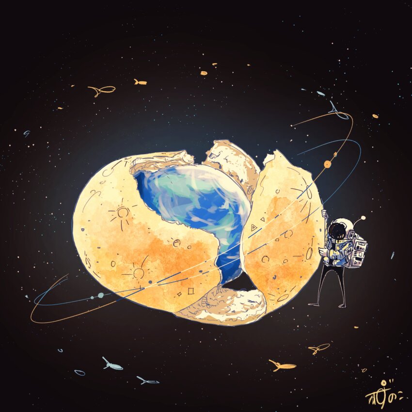1other astronaut backpack bag box commentary_request fish food fruit helmet highres kazunoko_(kazunoko_zunoco) mandarin_orange mini_person moon orange_peel original peeling planet planetary_ring signature solo space space_helmet standing surreal