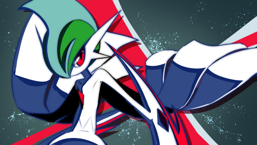 1other arm_blade cape colored_skin cowboy_shot facing_to_the_side gallade gen_4_pokemon green_background green_hair high_contrast highres looking_to_the_side mega_gallade mega_pokemon mohawk nintendo pokemon pokemon_(creature) pokemon_focus red_eyes taiyaki_(powan_po40) upper_body weapon white_cape white_skin wide_hips wind