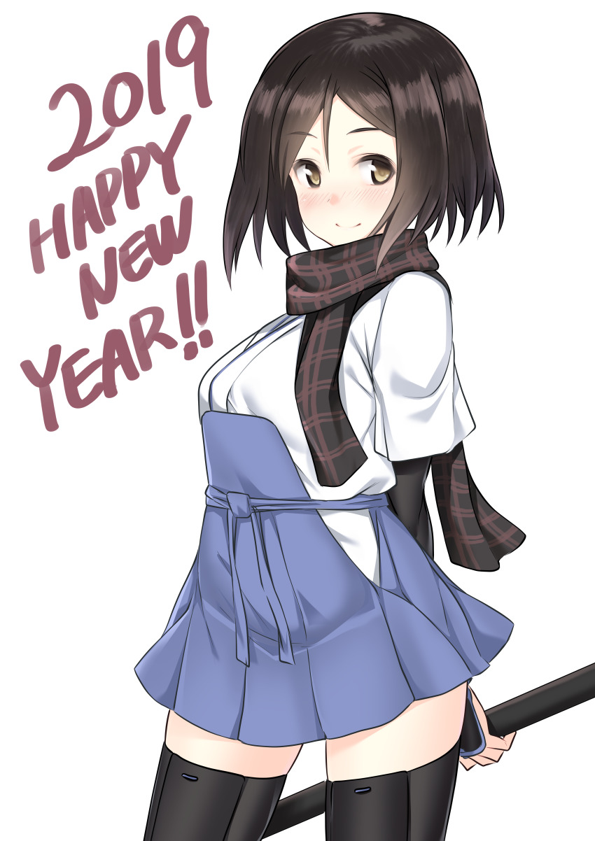 1girl 2019 a9b_(louis814) absurdres arms_behind_back black_hair black_scarf black_shirt black_thighhighs blue_skirt bob_cut brown_eyes closed_mouth commentary cowboy_shot english_text hakama hakama_short_skirt hakama_skirt happy_new_year highres holding holding_behind_back holding_staff japanese_clothes kuroda_kunika layered_sleeves light_blush long_sleeves looking_at_viewer miniskirt new_year noble_witches holding_behind_back scarf shirt short_hair short_over_long_sleeves short_sleeves skirt smile solo staff standing swept_bangs thighhighs white_shirt world_witches_series