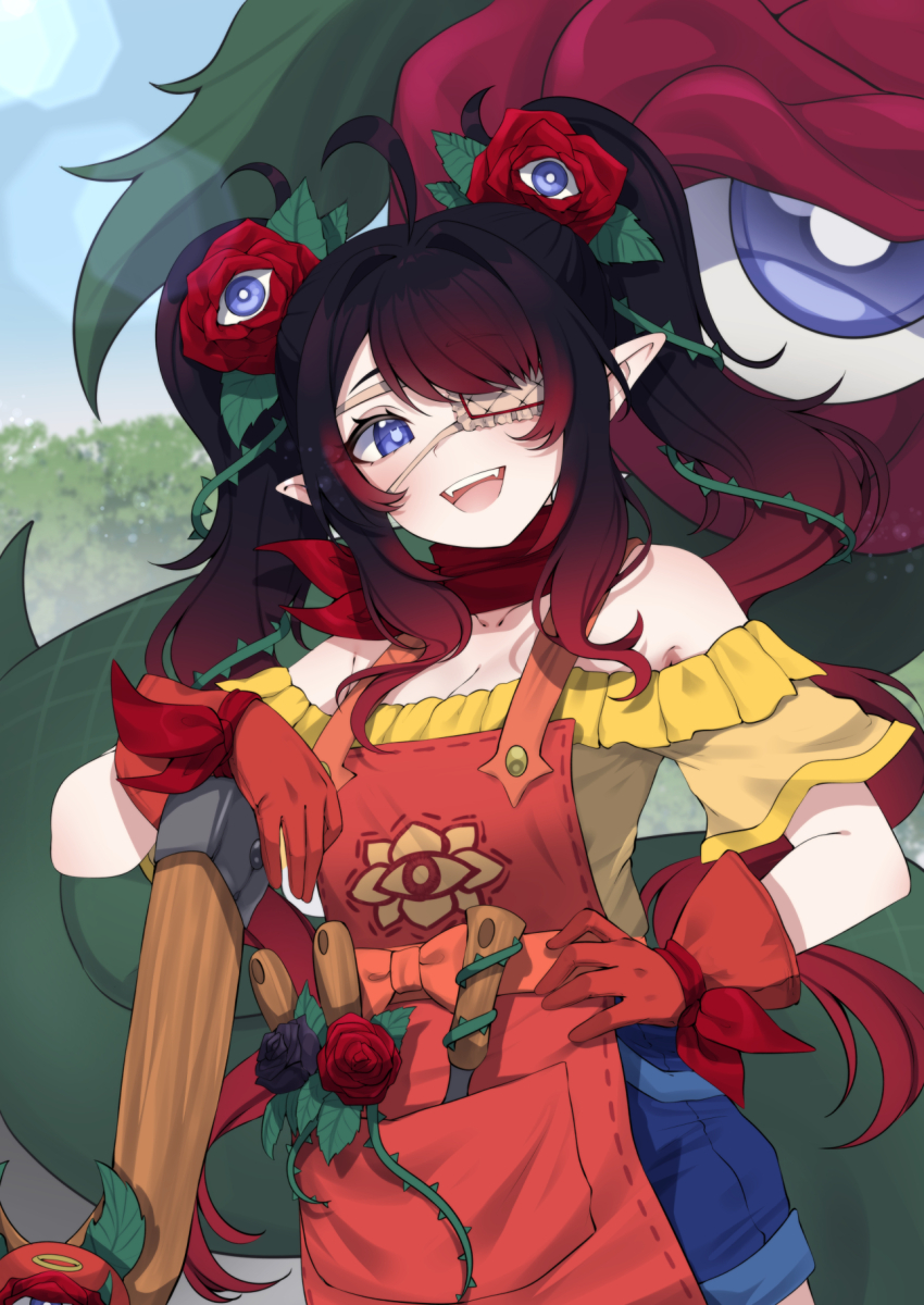 1girl ahoge apron blue_shorts blue_sky breasts bright_pupils cleavage collarbone elysia_netherborne eyepatch flower gloves gradient_hair hair_vines hand_on_own_hip highres indie_virtual_youtuber multicolored_hair off-shoulder_shirt off_shoulder open_mouth orange_apron orange_gloves pointy_ears purple_eyes red_flower red_hair red_ribbon red_rose red_scarf ribbon rose scarf shirt short_shorts shorts sky solo symbol-shaped_pupils thorns valefal_coneri virtual_youtuber white_pupils yellow_shirt