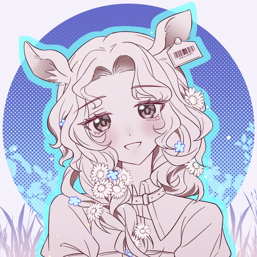 1girl :d absurdres animal_ears blue_background circle collared_shirt deer_ears deer_girl ear_tag fighting_yupao flower grass grey_background greyscale_with_colored_background hair_flower hair_ornament hair_over_shoulder halftone halftone_background head_tilt highres jessica_(reverse:1999) long_hair looking_at_viewer open_mouth reverse:1999 shirt smile solo straight-on upper_body