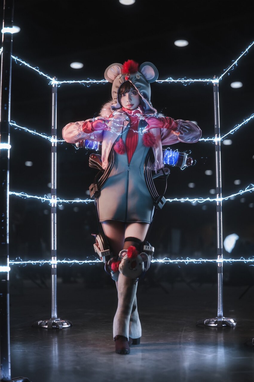 1girl apex_legends asian black_hair blue_eyes boots commentary cosplay cosplay_photo crossed_legs di_guan english_commentary final_fantasy final_fantasy_vii final_fantasy_vii_rebirth final_fantasy_vii_remake fingerless_gloves floating fur-trimmed_jacket fur_trim gloves grey_hoodie grey_thighhighs highres hood hood_up hoodie jacket kupo_power_wattson looking_at_viewer moogle moogle_(cosplay) official_alternate_costume open_hands photo_(medium) pink_jacket red_boots red_gloves red_sweater ribbed_sweater rock short_hair smile solo sweater thighhighs wattson_(apex_legends)