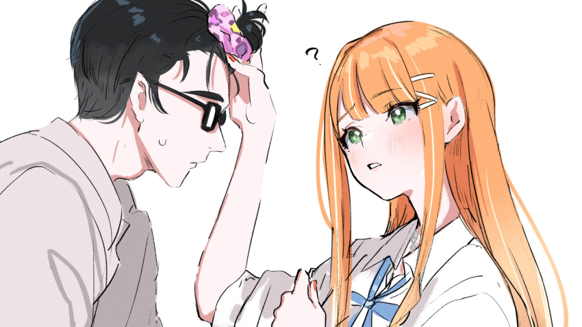 1boy 1girl ? black-framed_eyewear blue_ribbon blush commentary_request facing_another forehead gakuen_idolmaster glasses greyscale hair_ornament hair_scrunchie hetero idolmaster kasasagi_(futagodori888) looking_at_viewer loose_neck_ribbon mole mole_under_eye monochrome neck_ribbon orange_hair producer_(idolmaster) ribbon scrunchie shirt shiun_sumika simple_background straight_hair upper_body white_background white_shirt
