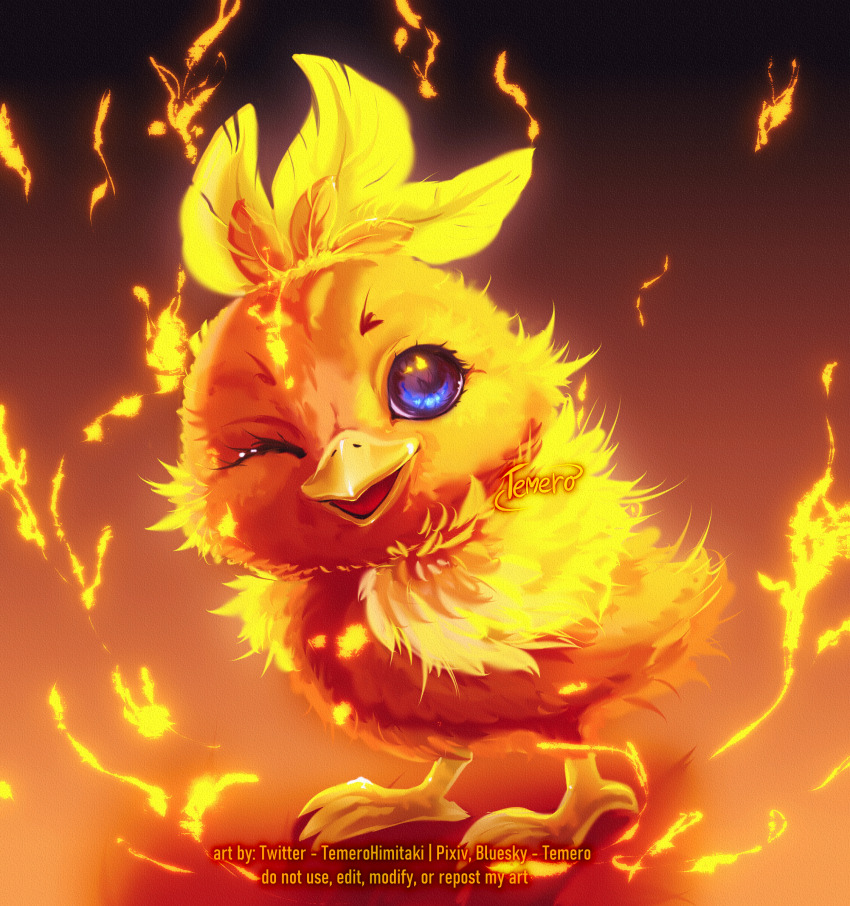 1other artist_name black_background blue_eyes bluesky_username commentary english_commentary eyelashes fire full_body gen_3_pokemon gradient_background highres looking_at_viewer nintendo no_humans one_eye_closed orange_background pixiv_username pokemon pokemon_(creature) pokemon_rse solo temerohimitaki torchic twitter_username watermark