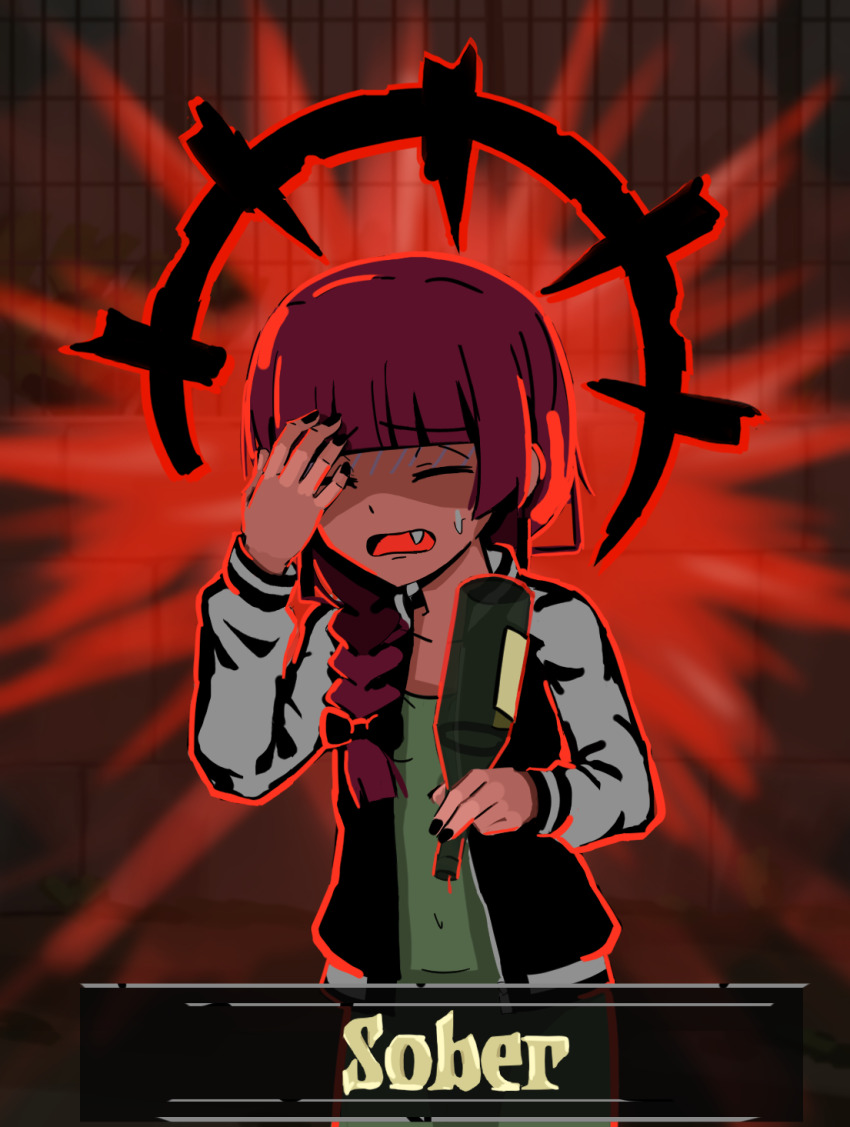 1girl affliction_(darkest_dungeon) alcohol black_nails bocchi_the_rock! bottle braid closed_eyes darkest_dungeon empty_bottle english_text fang gameplay_mechanics gloom_(expression) hand_on_own_face hand_on_own_head highres hiroi_kikuri holding holding_bottle jacket kurokimoko nail_polish open_clothes open_jacket open_mouth purple_hair single_braid sweat sweatdrop