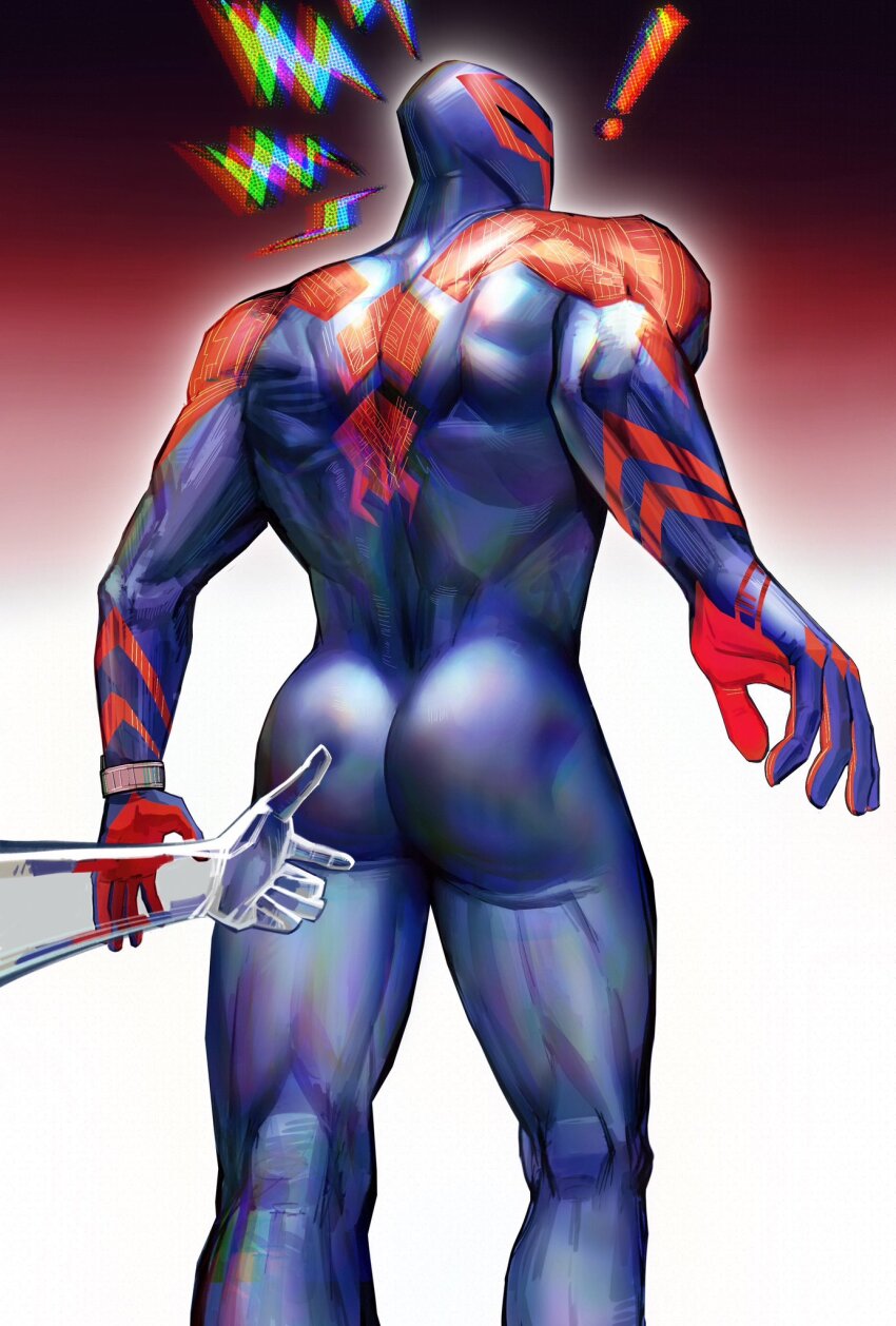 ! animal_print ass ass_focus blue_bodysuit blue_mask bodysuit broad_shoulders chenlinblackc ghost_hands gradient_background highres looking_back male_focus marvel miguel_o&#039;hara muscular muscular_male notice_lines poking_ass print_bodysuit red_background red_bodysuit spider-man:_across_the_spider-verse spider-man_(2099) spider-man_(series) spider-verse spider_print superhero_costume two-tone_bodysuit white_background