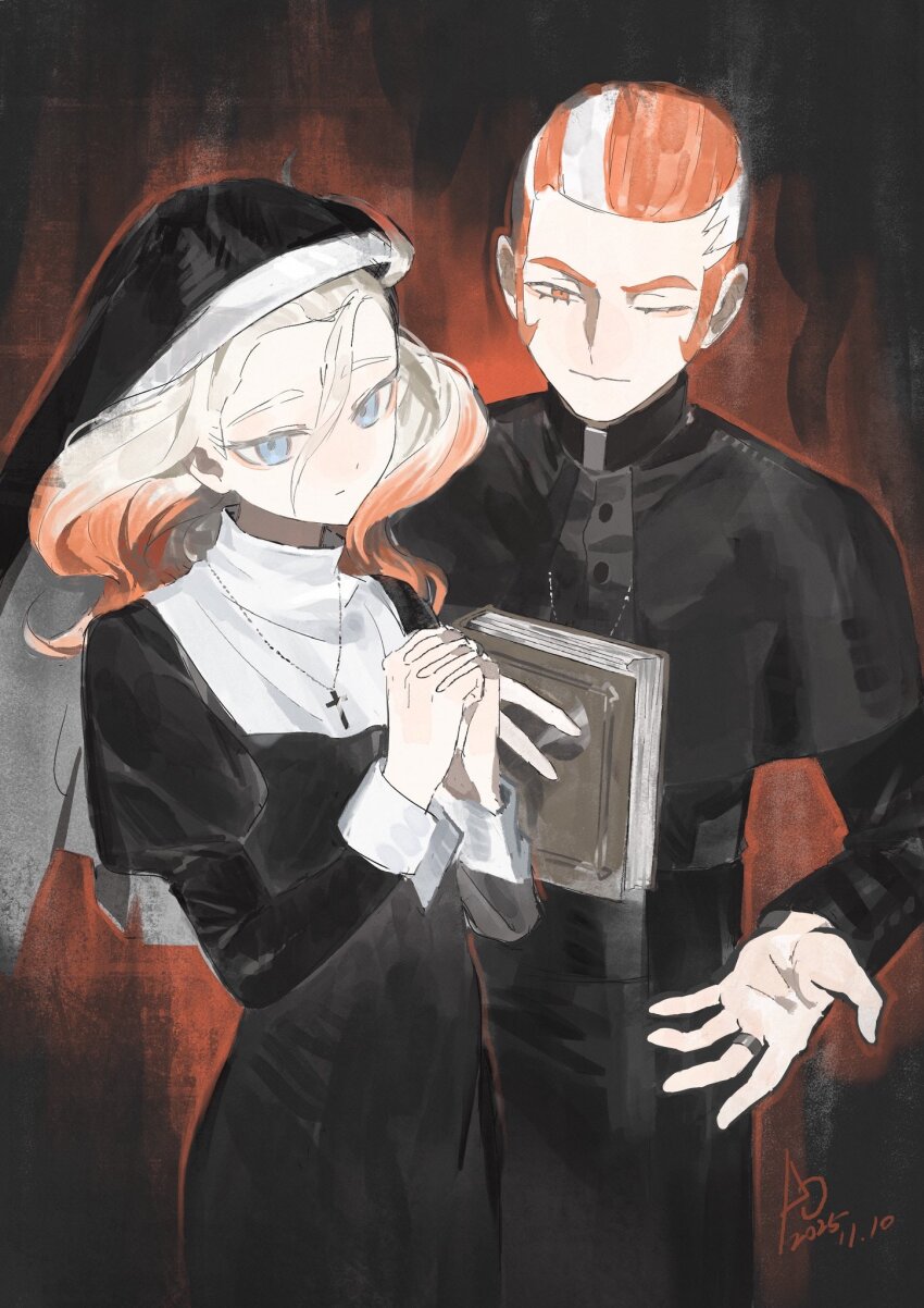 1boy 1girl alternate_costume blue_eyes book cross cross_necklace dated griselle_(pokemon) grisham_(pokemon) hair_between_eyes hazel_maier highres holding holding_book interlocked_fingers jewelry looking_at_viewer medium_hair necklace nintendo nun one_eye_closed orange_eyes orange_hair own_hands_clasped own_hands_together pokemon pokemon_legends:_z-a priest short_hair traditional_nun white_hair