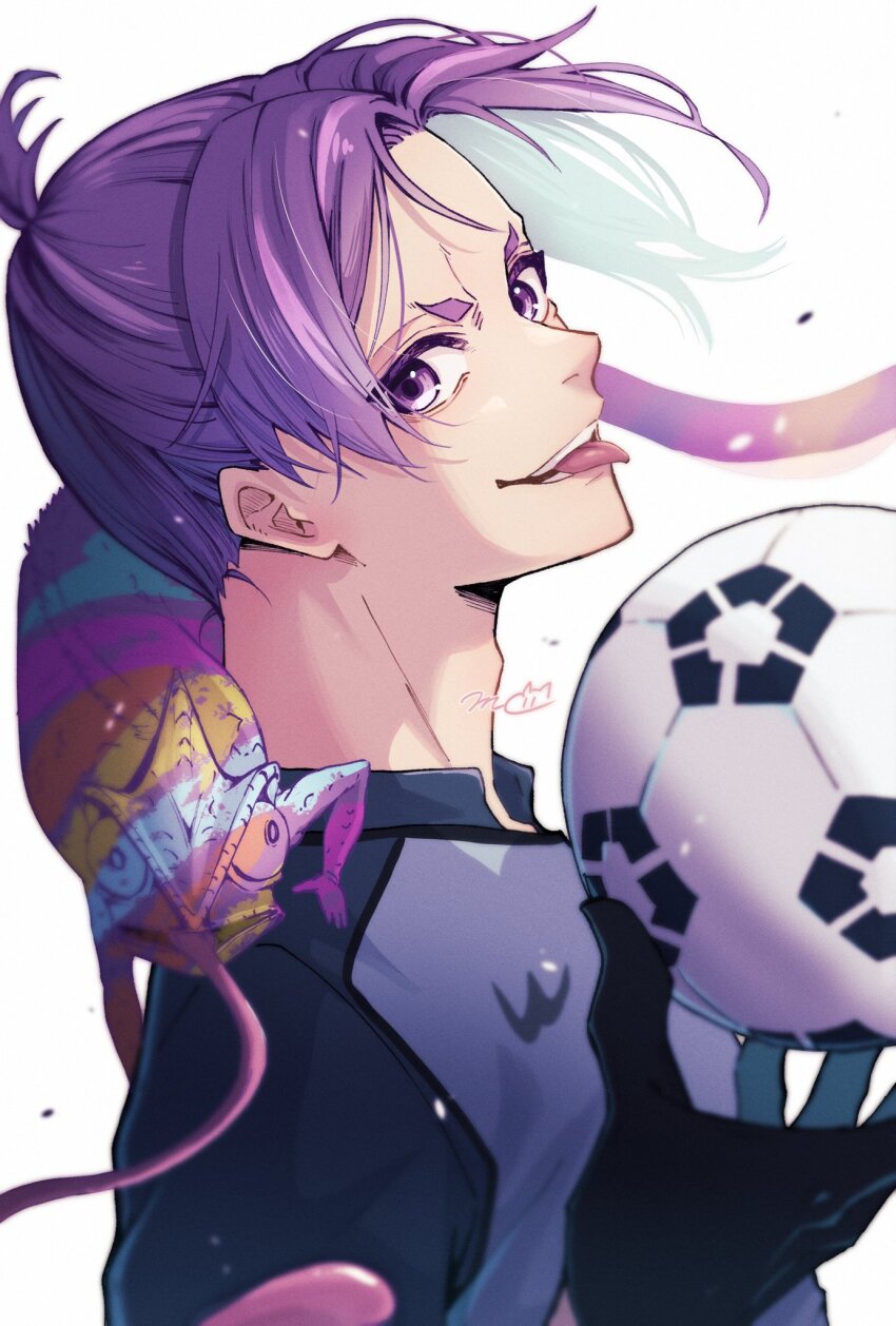 1boy adam&#039;s_apple animal animal_on_shoulder artist_name ball black_gloves blue_lock blue_shirt chameleon collared_shirt commentary_request from_side gloves highres hikimayu holding holding_ball looking_at_viewer male_focus mikage_reo mocha_(w-mocha95) parted_bangs ponytail purple_eyes purple_hair shirt short_hair signature simple_background soccer_ball soccer_uniform solo sportswear tongue tongue_out upper_body white_background