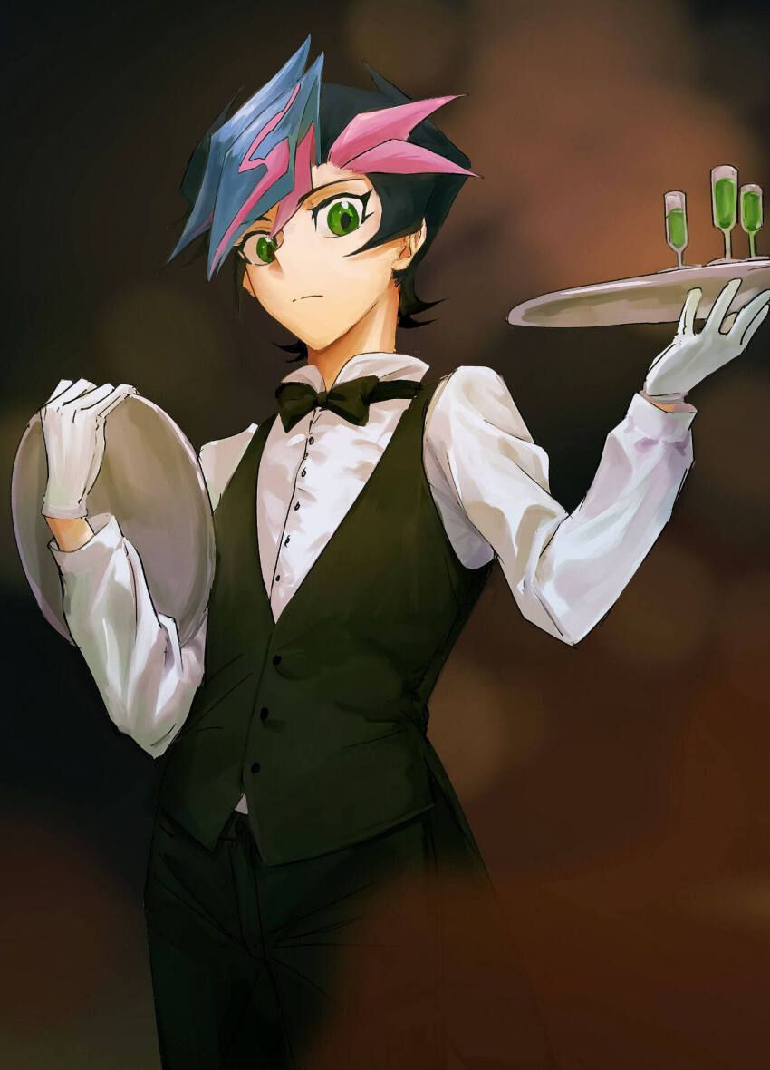 1boy alcohol black_bow black_bowtie black_hair black_pants black_vest blurry blurry_background bow bowtie brown_background colored_bangs cup dress_shirt drinking_glass facing_to_the_side fujiki_yusaku gloves green_eyes highres holding holding_tray indoors male_focus novale110 outstretched_arm pants server shirt spiked_hair tray vest white_gloves white_shirt wine wine_glass yu-gi-oh! yu-gi-oh!_vrains