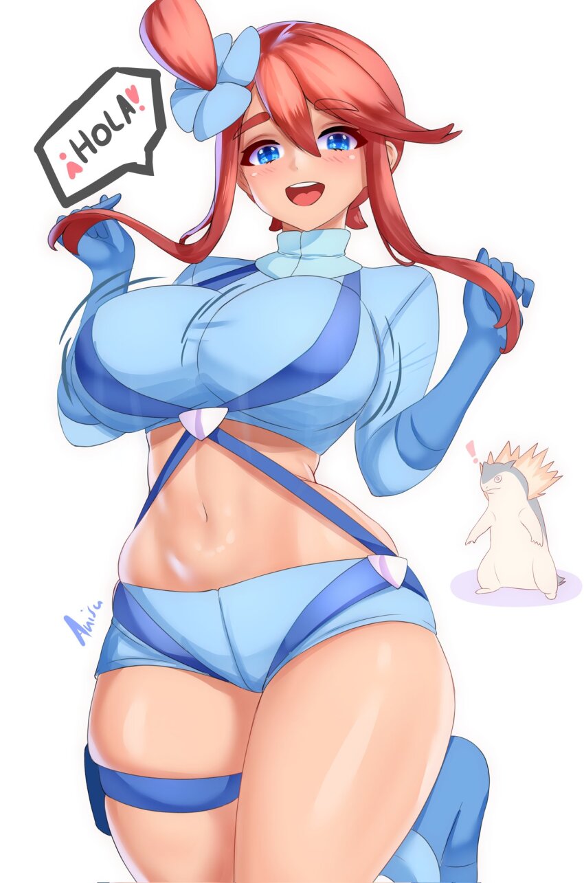 ! 1girl 2024_pokemon_teraleak :d anisdrawn blue_eyes blue_footwear blue_shirt blue_shorts boots breasts commentary crop_top english_commentary game_freak gen_2_pokemon highres large_breasts long_hair looking_at_viewer midriff navel nintendo open_mouth pokemon pokemon_(creature) pokemon_bw red_hair shirt short_shorts shorts sidelocks simple_background skyla_(pokemon) smile spanish_text speech_bubble stomach thigh_strap thighs typhlosion white_background