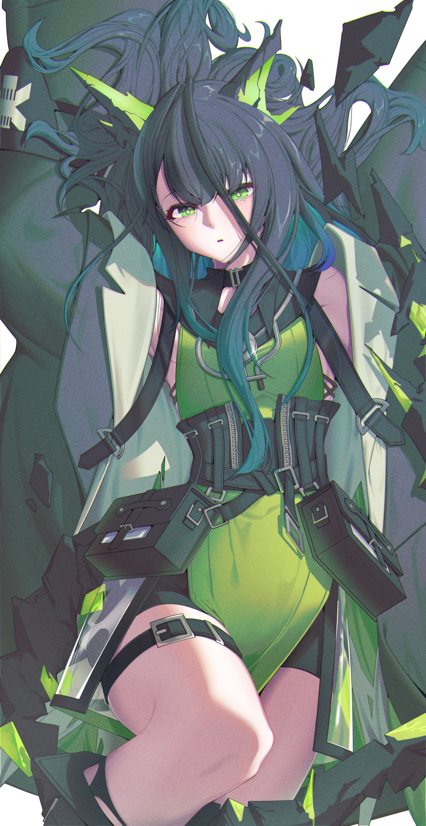 1girl absurdres aqua_hair arknights bare_shoulders belt belt_buckle black_belt black_hair black_shorts buckle colored_inner_hair commentary film_grain floating_hair green_eyes green_shirt hair_between_eyes highres kimo_suna light_blush long_hair looking_at_viewer mon3tr_(arknights) multicolored_hair parted_lips pouch shirt shorts solo strap thigh_belt thigh_strap zipper