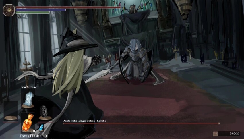 3girls armor blonde_hair blue_hair chair cosplay crystal dark_souls_(series) dark_souls_iii dual_wielding english_text estus_flask flandre_scarlet full_armor gameplay_mechanics hat health_bar highres holding holding_sword holding_weapon indoors kirisame_marisa lorian_(elder_prince) lorian_(elder_prince)_(cosplay) lothric_(younger_prince) lothric_(younger_prince)_(cosplay) mini-hakkero multicolored_wings multiple_girls no_eyes onionmay parody pointy_ears red_carpet remilia_scarlet sword touhou weapon wings witch_hat yin_yang yin_yang_print