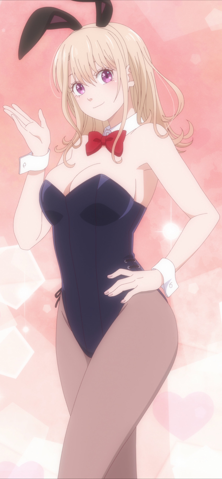 absurdres anime_screenshot armpits blonde_hair bow bowtie breasts cleavage hand_on_own_hip highres kawai_mona kuroiwa_medaka_ni_watashi_no_kawaii_ga_tsuujinai large_breasts leotard pantyhose playboy_bunny purple_eyes rabbit_ears smile stitched third-party_edit wrist_cuffs