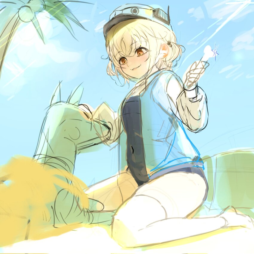 1girl 1other ayuyaki beach blonde_hair blue_jacket blue_one-piece_swimsuit blush volt_(nikke) bone breasts brown_eyes covered_navel goddess_of_victory:_nikke hair_between_eyes hard_hat helmet highres holding holding_bone jacket liter_(guardfish)_(nikke) liter_(nikke) long_sleeves non-humanoid_robot one-piece_swimsuit open_clothes open_jacket palm_tree parted_lips robot robot_animal robot_dog sand short_hair sitting sketch small_breasts smile swimsuit thighhighs tree wariza white_thighhighs