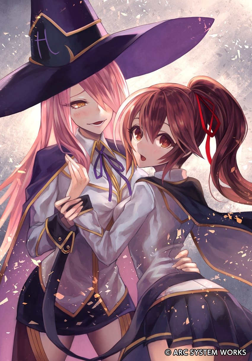 2girls arc_system_works blazblue blazblue_alternative:_dark_war brown_hair celica_a._mercury hat highres konoe_a._mercury long_hair multiple_girls official_art pink_hair ponytail skirt smile witch_hat