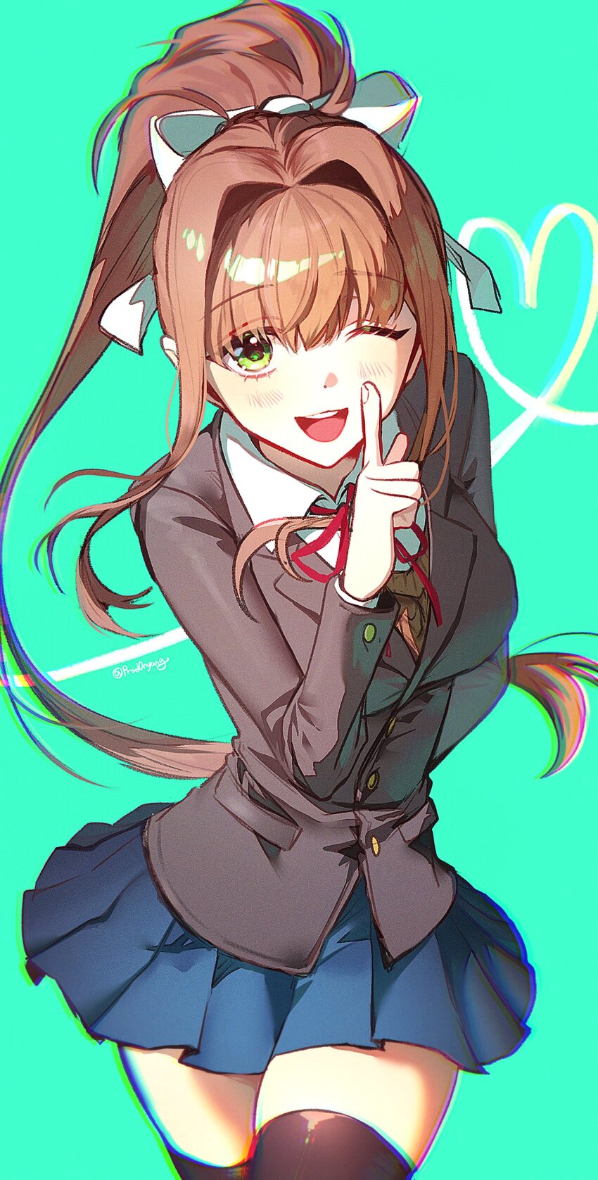 absurdres blazer blue_skirt bow brown_jacket brown_sweater_vest doki_doki_literature_club doki_doki_literature_club_school_uniform green_eyes hair_bow highres jacket monika_(doki_doki_literature_club) onyang orange_sweater_vest orange_vest ponytail red_ribbon ribbon school_uniform skirt sweater_vest vest white_bow white_ribbon