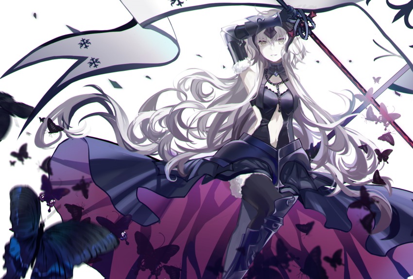 1girl absurdly_long_hair argyle_clothes argyle_cutout armor armored_boots armored_dress banner black_dress black_gloves black_thighhighs boots chain clothing_cutout colored_skin dress elbow_gloves fate/grand_order fate_(series) female_focus floating_hair fur_trim gloves hair_between_eyes highres holding holding_sword holding_weapon jeanne_d&#039;arc_(fate) jeanne_d&#039;arc_alter_(avenger)_(fate) jeanne_d&#039;arc_alter_(avenger)_(third_ascension)_(fate) jeanne_d&#039;arc_alter_(fate) long_hair navel navel_cutout parted_lips silver_hair simple_background smile solo sword thighhighs very_long_hair weapon white_background white_skin yellow_eyes zgxuke