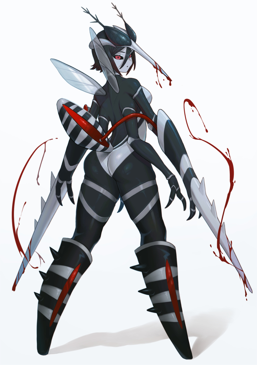 1girl :o abdomen_tail absurdres antennae arthropod_girl arthropod_limbs black_hair black_sclera black_skin blood bloody_weapon breasts carapace claws colored_sclera colored_skin compound_eyes daon_(kenta111881) extra_arms from_behind full_body gradient_hair grey_skin hair_between_eyes highres insect_wings looking_at_viewer looking_back medium_breasts monster_girl mosquito_girl multicolored_hair multicolored_skin no_feet open_mouth original proboscis red_eyes shadow short_hair simple_background solo standing tail weapon white_background wings