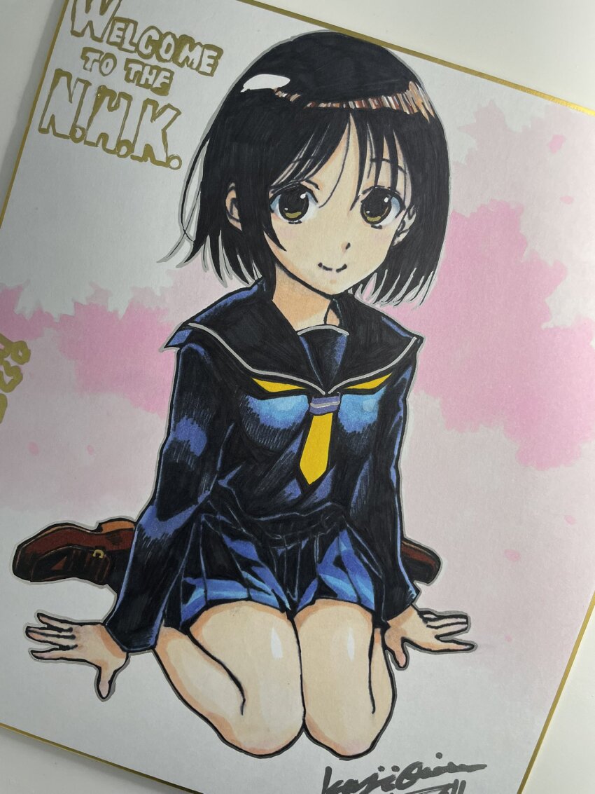 1girl black_hair black_serafuku brown_eyes commentary_request full_body highres loafers looking_at_viewer nakahara_misaki neckerchief nhk_ni_youkoso! ooiwa_kenji photo_(medium) school_uniform serafuku shikishi shoes short_hair sitting skirt smile solo traditional_media wariza yellow_neckerchief