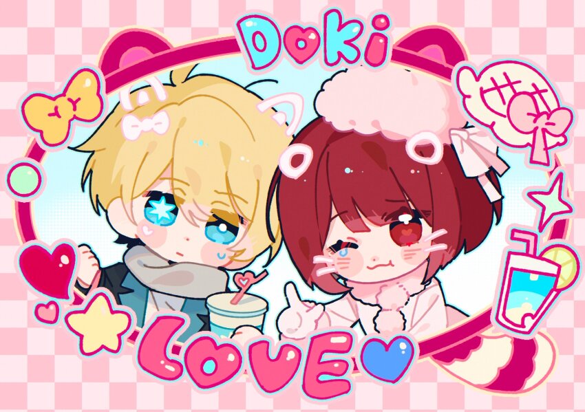 1boy 1girl arima_kana beret blonde_hair blue_eyes blue_jacket blush_stickers checkered_background chibi closed_eyes crazy_straw cup disposable_cup drinking_straw fur-trimmed_jacket fur_trim grey_scarf hair_between_eyes hat heart heart_straw highres holding holding_cup hoshino_aquamarine humi_humi jacket long_sleeves looking_at_viewer one_eye_closed open_clothes open_jacket oshi_no_ko pink_hat pink_jacket red_eyes red_hair scarf shirt short_hair white_shirt