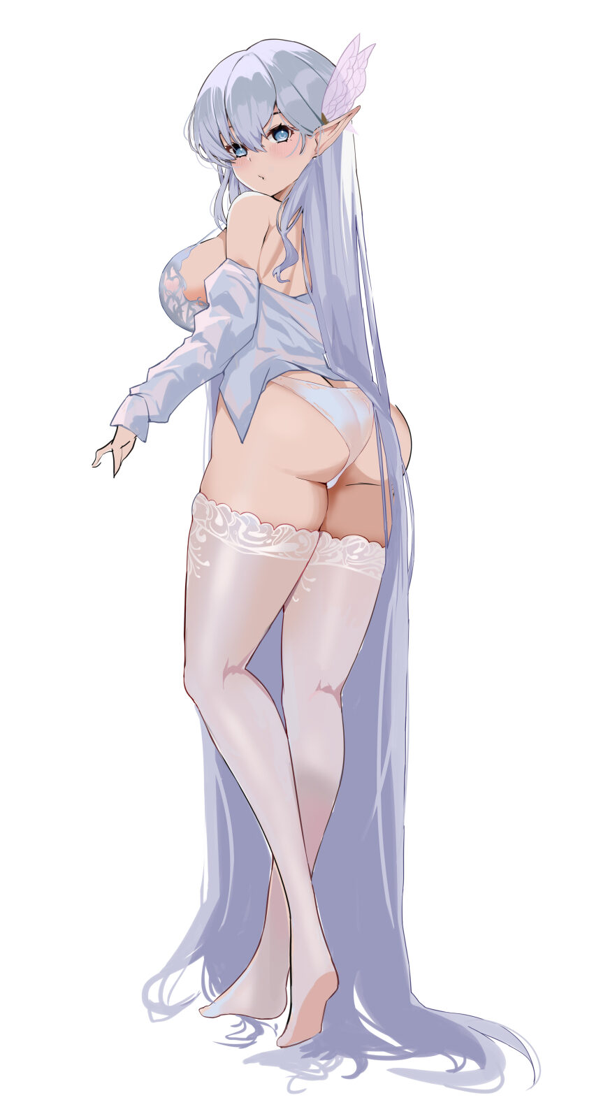 1girl absurdres albion_(a_fairy-tale_breakfast)_(azur_lane) albion_(azur_lane) ass azur_lane blue_eyes blue_hair breasts butt_crack from_behind highres lace lace-trimmed_thighhighs lace_trim large_breasts light_blush long_hair looking_at_viewer looking_back official_alternate_costume panties parted_lips pointy_ears she_taizi shirt simple_background solo thighhighs underwear very_long_hair white_background white_panties white_shirt white_thighhighs