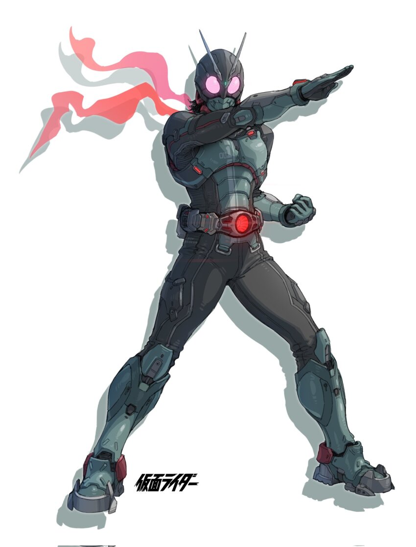 1boy armor clenched_hand compound_eyes cyclone_(kamen_rider) full_body green_armor green_helmet helmet henshin_pose highres kamen_rider kamen_rider_(1st_series) kamen_rider_1 male_focus red_eyes red_scarf scarf simple_background solo white_background xiangzi_box