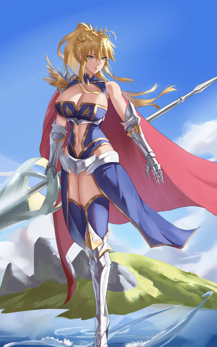 1girl abs absurdres alternate_costume armor artoria_pendragon_(fate) artoria_pendragon_(lancer)_(fate) blonde_hair blue_background blue_gloves blue_leotard blue_sky blue_thighhighs braid braided_bun breast_cutout breasts cape cleavage closed_mouth clothing_cutout cloud crown eyebrows_hidden_by_hair fate/grand_order fate_(series) floating freed_turing french_braid fur-trimmed_cape fur_trim gauntlets gloves green_eyes hair_bun heattech_leotard highleg highleg_leotard highres hip_vent lance large_breasts leg_armor leotard linea_alba long_hair mountainous_horizon ocean polearm ponytail red_cape rhongomyniad_(fate) shoulder_armor sidelocks simple_background sky sleeveless sleeveless_turtleneck sleeveless_turtleneck_leotard smile spear stomach_cutout thighhighs toned_stomach turtleneck water weapon