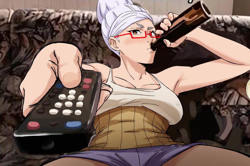 1girl alcohol ayase_seiko beer beer_bottle bottle breasts brown_eyes controller couch dandadan drinking glasses grey_hair highres holding holding_bottle holding_remote_control large_breasts lennu976 man_watching_tv_(meme) mature_female meme on_couch photo_background purple_shorts red-framed_eyewear remote_control semi-rimless_eyewear shorts sitting solo tall_hair tank_top white_tank_top