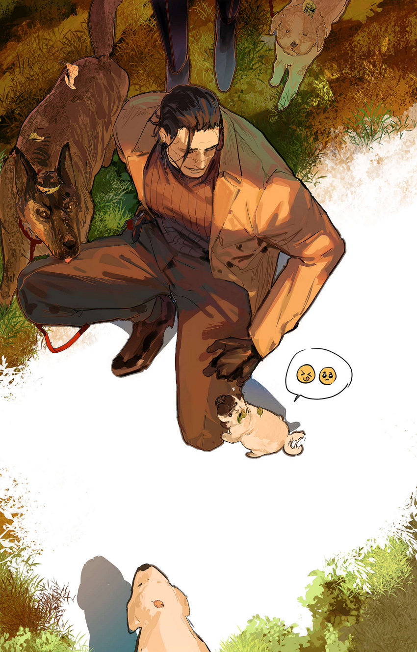 1boy absurdres animal black_gloves black_hair chamsut0905 coat collar crocodile_(one_piece) dog emoji from_above german_shepherd gloves grass hair_slicked_back highres holding holding_collar male_focus one_piece open_clothes open_coat out_of_frame outdoors pants pug red_collar scar scar_on_face smile solo_focus squatting sweater yorkshire_terrier
