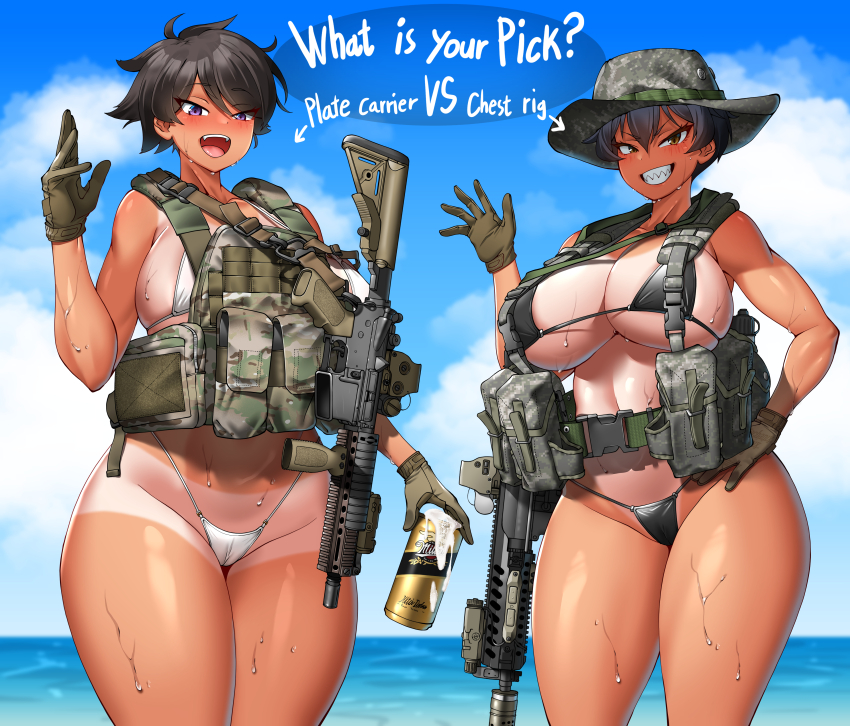2girls absurdres ammunition_pouch assault_rifle beer_can bikini black_bikini black_hair blue_sky boonie_hat breasts bulletproof_vest cameltoe camouflage_headwear can chest_rig cloud collarbone cowboy_shot drink_can english_text gloves green_gloves gun gun_sling hair_between_eyes hand_on_own_hip hand_up highres hitch_(perotoss) large_breasts laser_sight looking_at_viewer m4_carbine mechanix_wear medium_hair multiple_girls navel open_mouth optical_sight original outdoors paid_reward_available pouch purple_eyes rifle sergeant_joo sharp_teeth short_hair sky slit_pupils suppressor swimsuit tan tanline teeth tongue vertical_foregrip water weapon wet white_bikini yellow_eyes