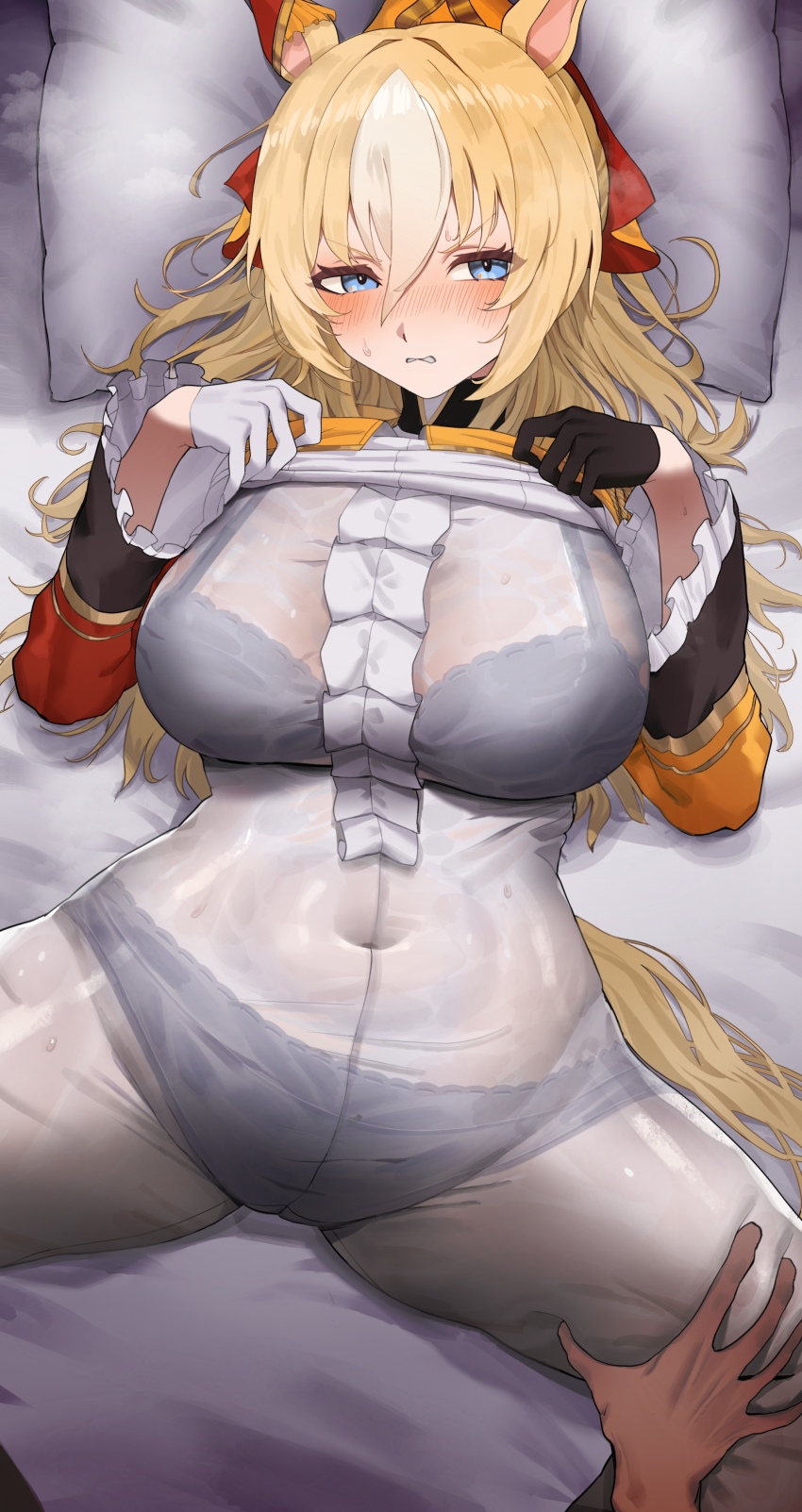1girl absurdres aiguillette animal_ears black_panties blonde_hair blue_eyes blush bodysuit breasts closed_mouth commentary_request disembodied_hand durandal_(umamusume) epaulettes frilled_bodysuit gloves hair_between_eyes hair_ornament hand_on_another&#039;s_thigh highres horse_ears horse_girl horse_tail large_breasts long_hair looking_at_viewer on_bed panties partial_commentary pickel_(ddtt8858) see-through_clothes smile solo_focus tail thigh_gap umamusume underwear white_bodysuit