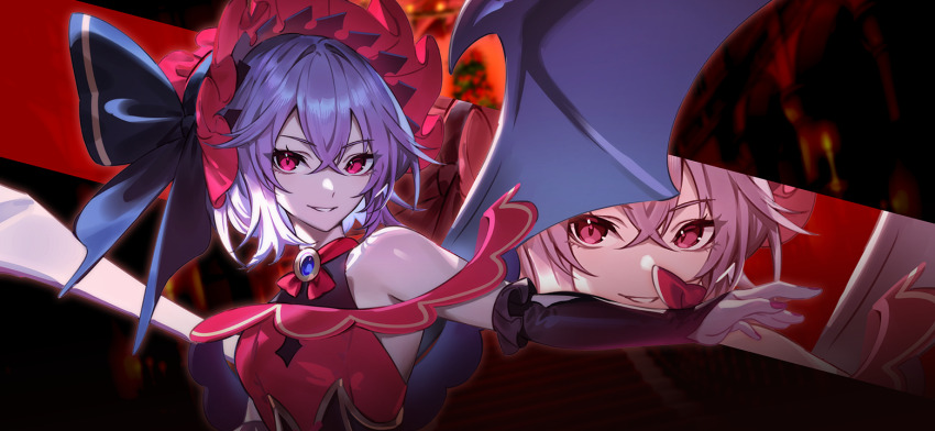 1girl bare_shoulders bat_wings black_bow black_dress bonnet bow breasts dress game_cg grin hair_between_eyes official_art outstretched_arm purple_hair red_bonnet red_eyes remilia_scarlet short_hair sleeveless sleeveless_dress small_breasts smile solo third-party_source touhou touhou_gensou_eclipse u_u_zan wings zoom_layer