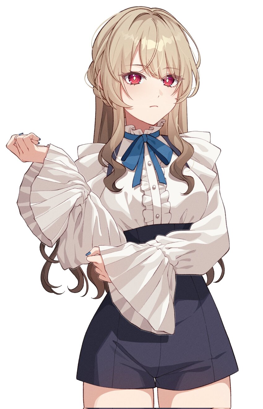 1girl blonde_hair blue_bow blue_bowtie bow bowtie breasts collar collared_shirt frilled_collar frilled_shirt frilled_sleeves frills high-waist_shorts highres long_hair medium_breasts original pochimaru_(marumaru_wanwan) red_eyes shirt shorts sidelocks solo standing thigh_gap very_long_hair white_background white_shirt