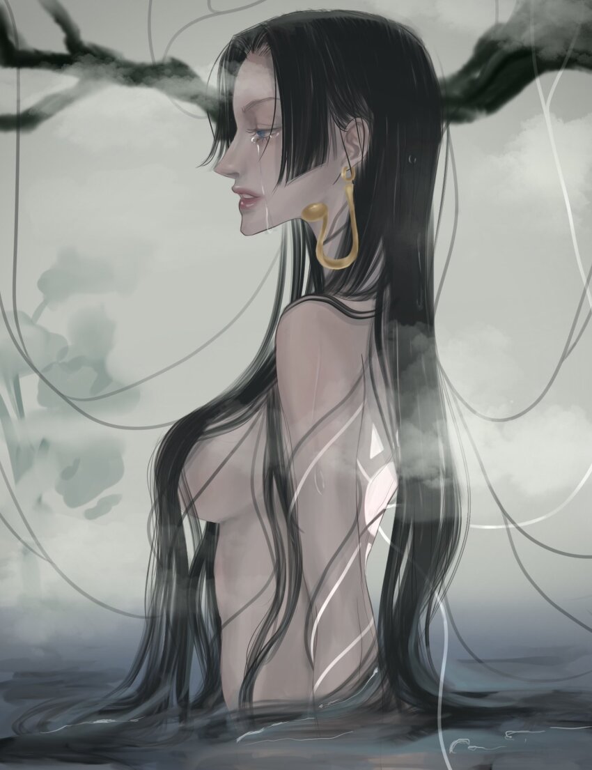 1girl black_hair blue_hair boa_hancock breasts commentary crying crying_with_eyes_open earrings english_commentary hair_over_breasts highres jewelry long_hair looking_ahead nude one_piece parted_lips profile red_lips rihirihi613 sideboob sidelocks smoke snake_earrings solo tears upper_body