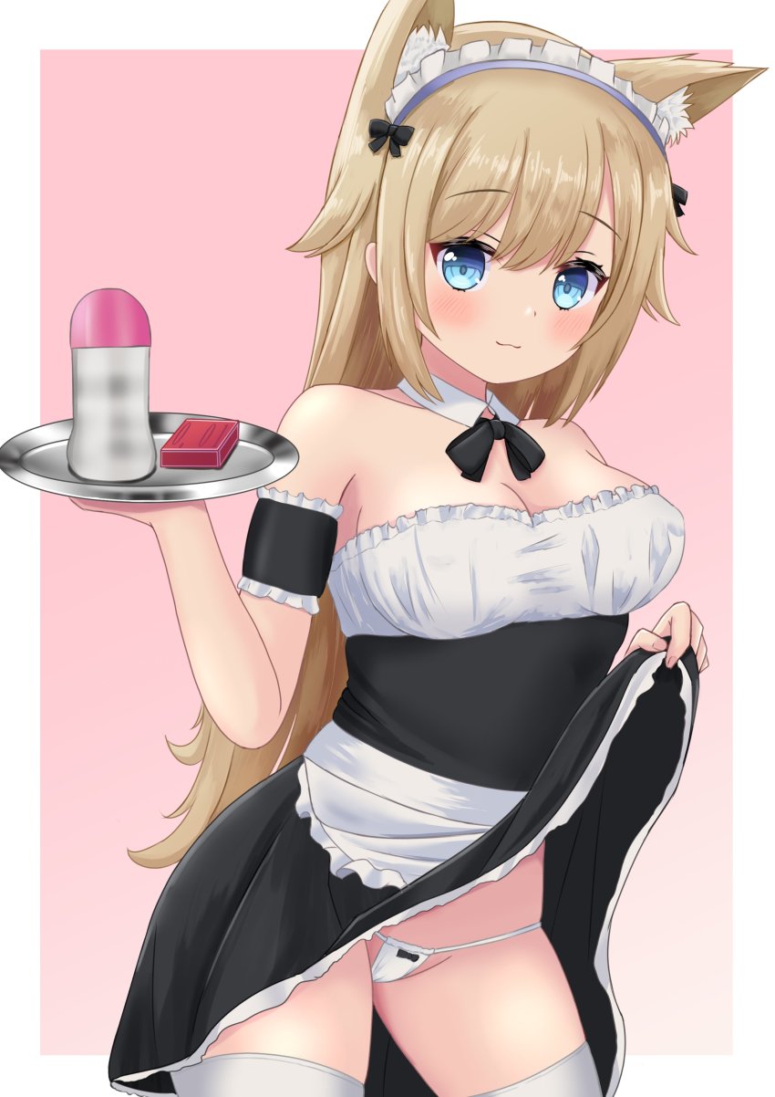 1girl absurdres animal_ear_fluff animal_ears apron arm_garter blue_eyes breasts cat_ears cat_girl clothes_lift dress dress_lift highres large_breasts lifting_own_clothes light_brown_hair long_hair maid maid_headdress michou object_request original panties saucer smile underwear white_panties