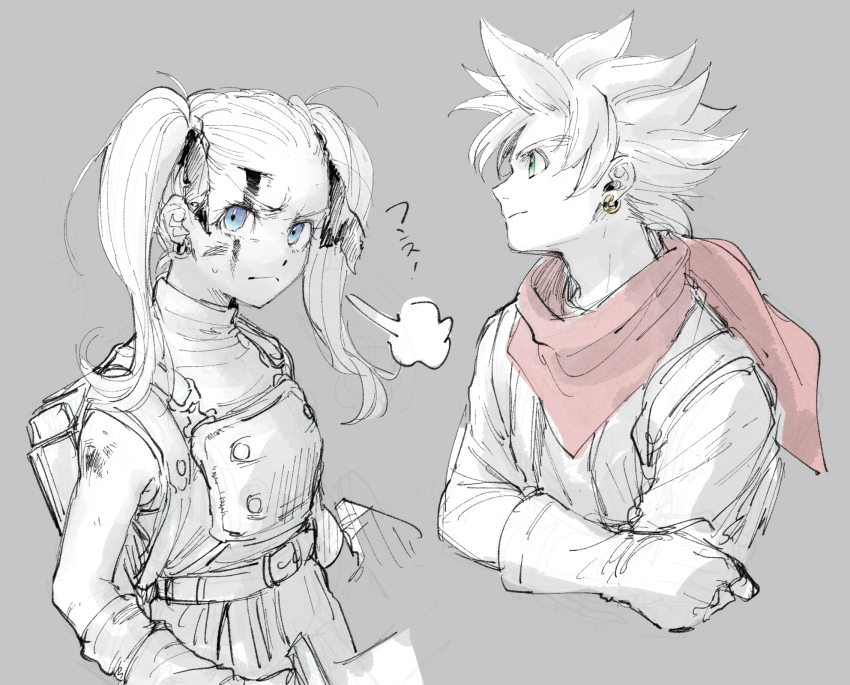 &gt;:( 1boy 1girl annoyed belt blood blood_on_face blue_eyes breasts closed_mouth commentary_request cropped_torso crossed_arms dirty dirty_face dragon_quest dragon_quest_builders_2 earrings female_builder_(dqb2) from_side frown gloves gold_earrings green_eyes grey_background greyscale highres injury jewelry long_hair looking_at_viewer loose_hair_strand male_builder_(dqb2) monochrome neckerchief nomo96 profile red_neckerchief scarf scratches shirt short_hair simple_background sketch sleeveless sleeveless_shirt sleeveless_turtleneck small_breasts spiked_hair spot_color turtleneck turtleneck_shirt twintails v-shaped_eyebrows