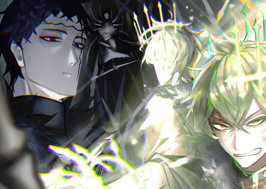 2boys absurdres black_clover black_hair blonde_hair blue_eyes blurry bone chromatic_aberration clenched_teeth crown demon_boy depth_of_field expressionless facial_mark frit_2 fur_collar glowing hair_between_eyes high_collar highres long_bangs magic male_focus messy_hair multiple_boys narrowed_eyes possessed projected_inset purple_eyes short_hair teeth v-shaped_eyebrows yellow_eyes yuno_(black_clover) zenon_zogratis