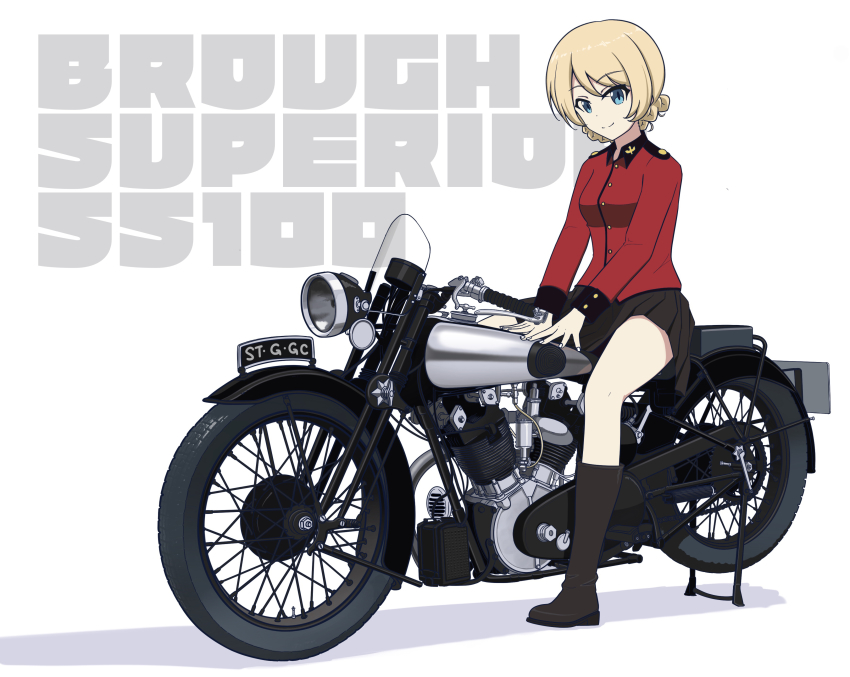1girl absurdres black_boots black_skirt blonde_hair blue_eyes boots braid brough_superior closed_mouth commentary country_connection darjeeling_(girls_und_panzer) epaulettes female_focus girls_und_panzer highres jacket kano_(nakanotakahiro1029) long_sleeves looking_at_viewer military military_uniform miniskirt motor_vehicle motorcycle pleated_skirt red_jacket shadow short_hair simple_background sitting skirt smile solo st._gloriana&#039;s_military_uniform twin_braids white_background