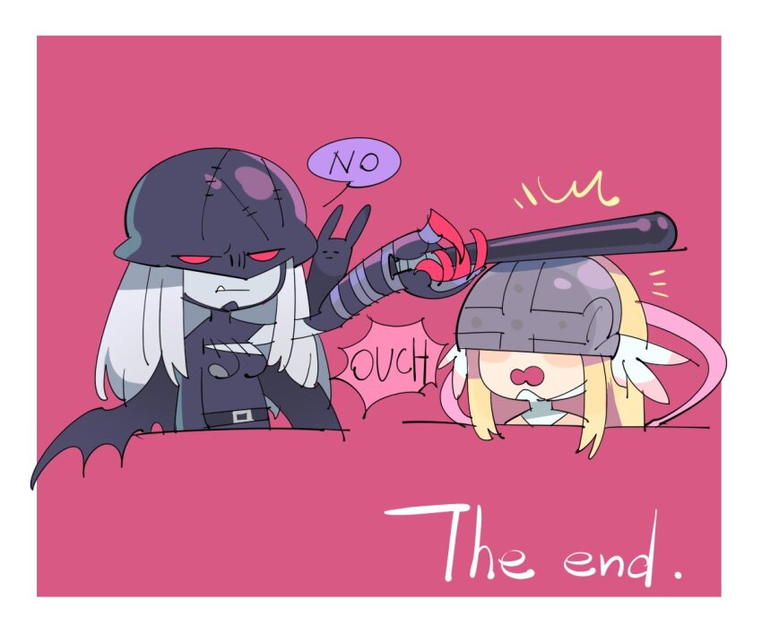 2girls angel angel_and_devil angel_wings angewomon baseball_bat black_bodysuit blonde_hair bodysuit bonk commentary covered_eyes digimon english_commentary english_text fang grey_hair head_wings helmet helmet_over_eyes holding holding_baseball_bat ladydevimon long_hair mask multiple_girls pink_background simple_background speech_bubble torn_bodysuit torn_clothes wings zocehuy