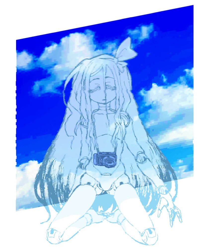 1girl black_eyes blonde_hair bow camera catseye closed_eyes closed_mouth cloud cloudy_sky colored_tips completely_nude dizzyspells doll doll_joints facing_viewer featureless_crotch hair_between_eyes hair_bow highres holding holding_camera joints kneeling long_hair marionette multicolored_hair nude original photo_background puppet simple_background sky sleeping solo very_long_hair white_background