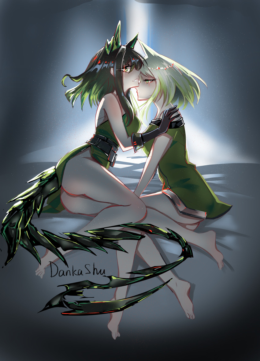 2girls absurdres animal_ears arknights artist_name ass bare_shoulders barefoot black_gloves black_hair black_tail commentary dankashu diffraction_spikes dress elbow_gloves english_commentary feet full_body gloves gradient_hair green_dress green_eyes green_hair grey_hair hand_on_another&#039;s_shoulder heads_together highres kal&#039;tsit_(arknights) light_particles looking_at_viewer medium_hair mon3tr_(arknights) multicolored_hair multiple_girls no_panties personification profile short_dress sideways_glance sitting smile tail