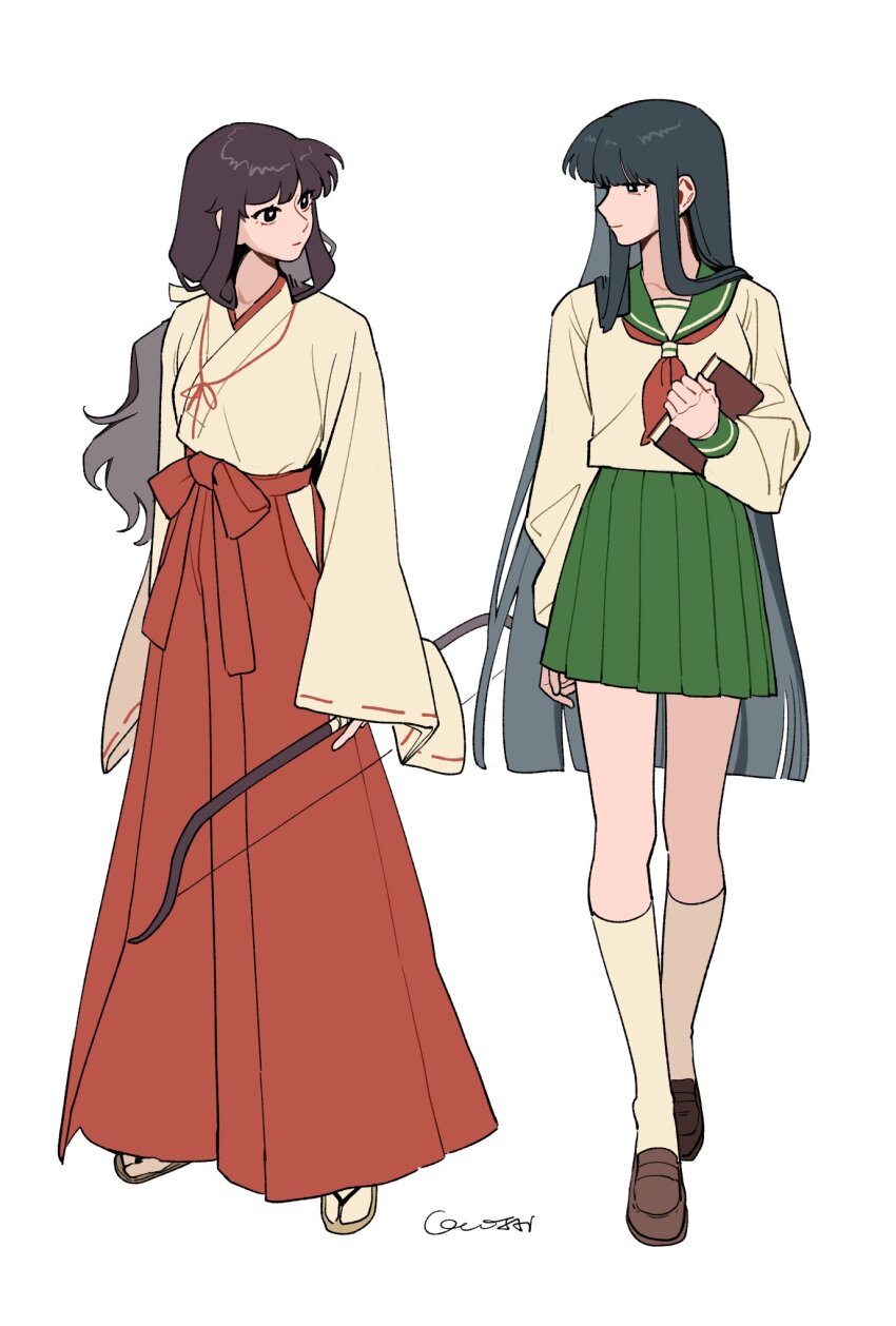 2girls black_hair book bow_(weapon) brown_shoes cosplay costume_switch full_body gootai green_sailor_collar green_skirt hakama hakama_pants highres higurashi_kagome holding holding_book holding_bow_(weapon) holding_weapon inuyasha japanese_clothes kikyou_(inuyasha) loafers long_hair looking_at_another miko multiple_girls necktie pants pleated_skirt red_hakama red_necktie sailor_collar school_uniform serafuku shirt shoes sidelocks signature simple_background skirt socks tabi weapon white_background white_shirt white_socks