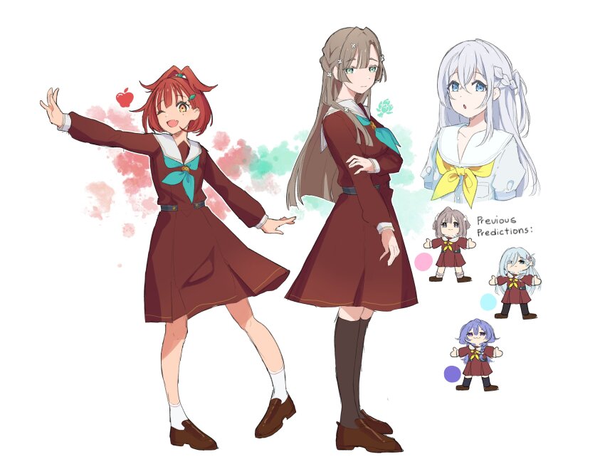 6+girls absurdres aqua_neckerchief arm_under_breasts black_socks blue_eyes blue_hair braid breasts brown_dress brown_hair character_logo chibi chibi_inset commentary design_speculation dress english_commentary english_text eyes_visible_through_hair fang green_eyes grey_hair hair_intakes hair_over_one_eye half_up_braid hand_on_own_arm hasu_no_sora_school_uniform highres hito_(maruhito) kneehighs large_breasts link!_like!_love_live! long_hair long_sleeves love_live! medium_dress mole mole_under_eye multiple_girls neckerchief open_mouth orange_eyes original outstretched_arm pleated_dress purple_hair red_hair sailor_collar sailor_dress school_uniform short_hair side_braid single_braid skin_fang socks standing very_long_hair white_background white_sailor_collar white_socks winter_uniform yellow_neckerchief